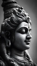 Side profile metal sculpture of Hindu deity in grayscale.