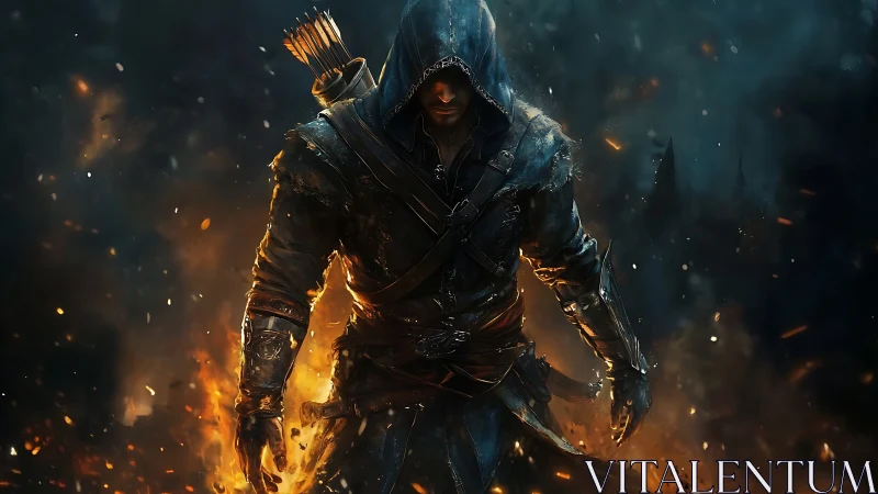 Hooded ember ranger strides from war-torn midnight flames.