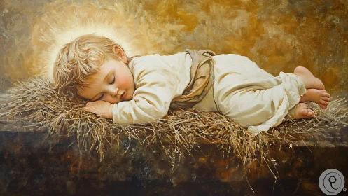 Luminous child slumbers in straw, haloed by tender golden light.