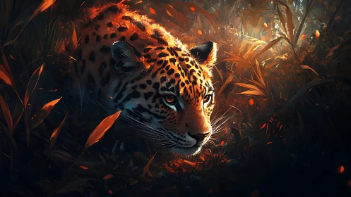 Golden-eyed jungle leopard glowing in warm sunset light.