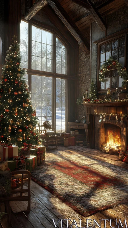 Cozy rustic living room with Christmas tree and fire.