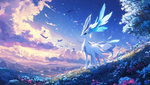 Crystal-eared quadruped under expansive twilight sky.