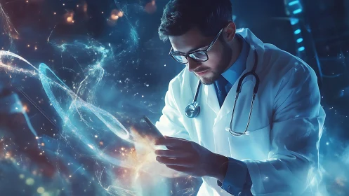 Futuristic doctor studies holographic medical data stream.
