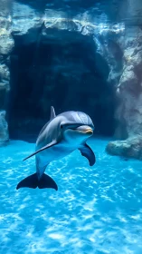 Bottlenose dolphin suspended midwater in high-clarity aquarium tank