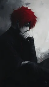 Melancholic red haired figure rendered in high contrast chiaroscuro