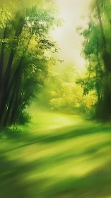 Sunlit forest path bathed in emerald glow.