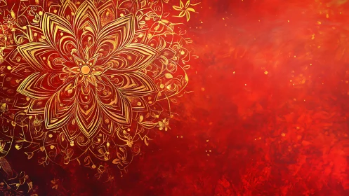 Golden mandala blooms over rich textured crimson field.