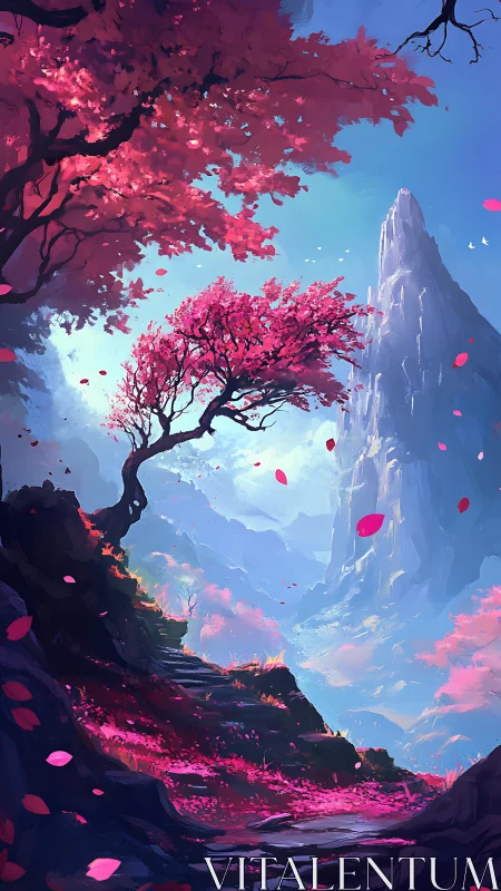 Dreamy pink forest path leading toward a misty mountain peak.