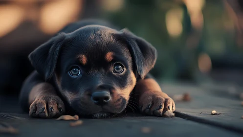 Puppy lies on wooden surface with shallow depth of field