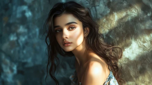 Sunlit portrait of young woman against textured stone wall