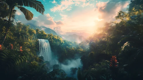 Luminous tropical waterfall valley under cinematic sunrise glow.