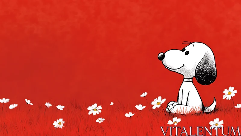 Daydreaming cartoon pup in a crimson daisy meadow.