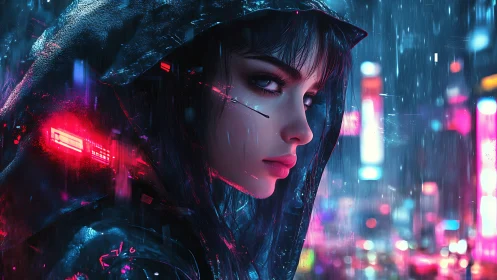 Neon-soaked cyberpunk heroine beneath rainlit megacity.