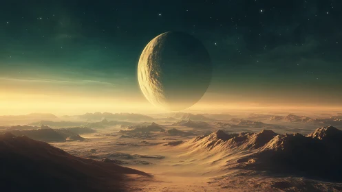 Twin dawns over frozen dunes beneath a looming alien moon.