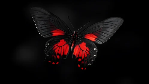 Black butterfly with red wing markings on dark background.