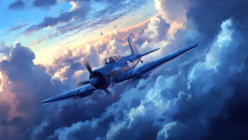 Single propeller warplane moves through dense cloud formations