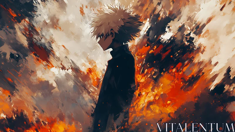 Silhouetted spiky-haired figure stands amid abstract fiery field
