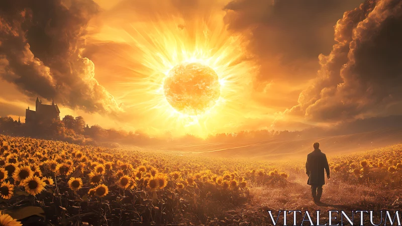 Sunflower pilgrim strides toward a blazing newborn sun