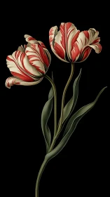 Red and White Striped Tulips. Classical Botanical.
