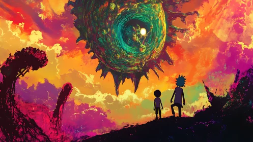 Two figures watch cosmic vortex over vivid alien sky.