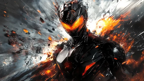 Molten-core cybernetic warrior in fragmented explosive environment