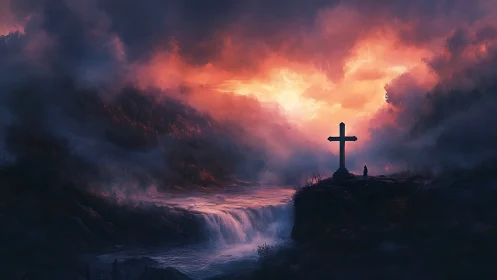 Lonely cross overlooks roaring waterfall at fiery dawn.