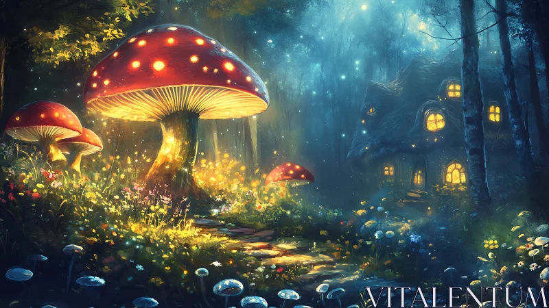 Glowing forest mushrooms guiding the way to a cozy cottage.