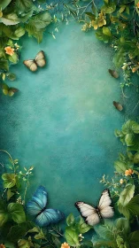 Butterflies drift across teal garden foliage frame.