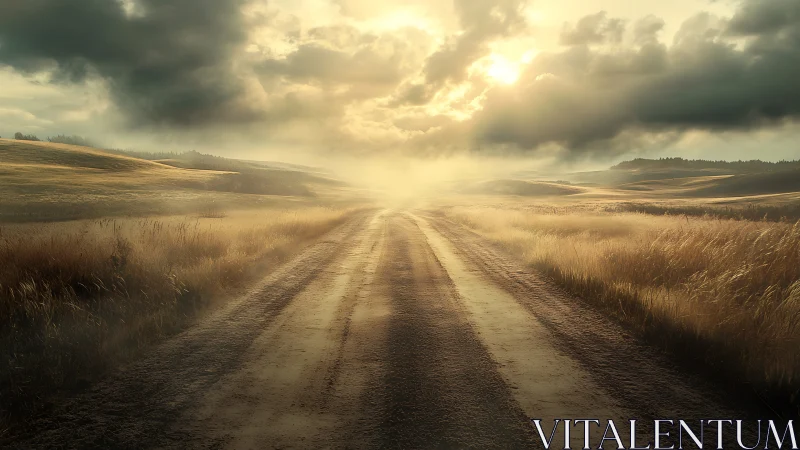 Rural dirt road through misty fields under low sun.