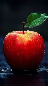 Macro close-up of dew-covered red apple with green leaf detail