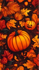 Autumn pumpkins with stylized foliage in warm orange palette.