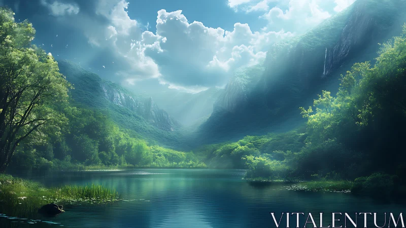 Gentle valley lake under soft sunlit mountain mist.