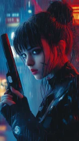 Neon‑lit assassin waits in the rain with cold resolve.