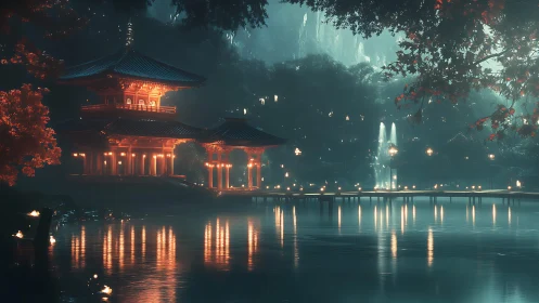 Luminous lakeside pagoda under misty night sky reflection.