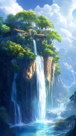 Clifftop sanctuary overlooks cascading mountain waterfall