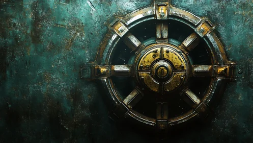 Rusty circular metal vault door on distressed teal wall.