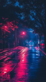 Neon rain street glows under saturated magenta blue lights.