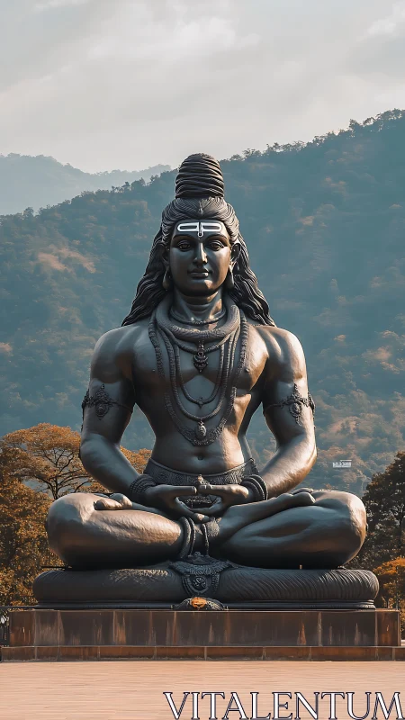 Massive seated Shiva statue in serene mountain landscape.