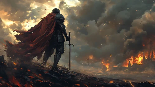 Armored figure observes burning city under dense war clouds