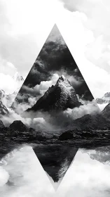 Monochrome triangular montage of mirrored mountain peak.