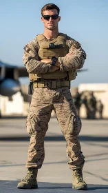 Confident soldier stands tall on sunlit airbase runway.