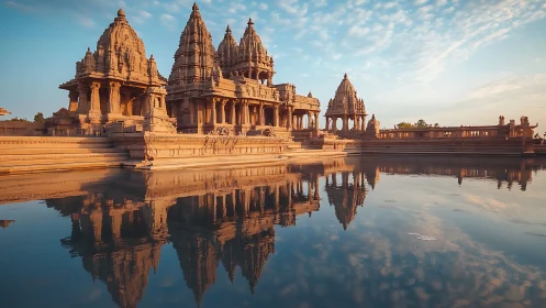 Sunlit temple reflected in tranquil morning waters.