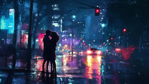 Couple kissing under neon city lights at night
