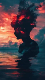 Silhouetted figure emerges from fiery clouds above calm water