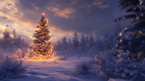 Glowing Christmas tree warming a peaceful snowy forest night.