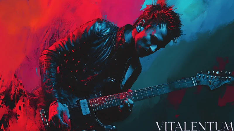 Electric guitarist in leather jacket with vivid abstract colors.