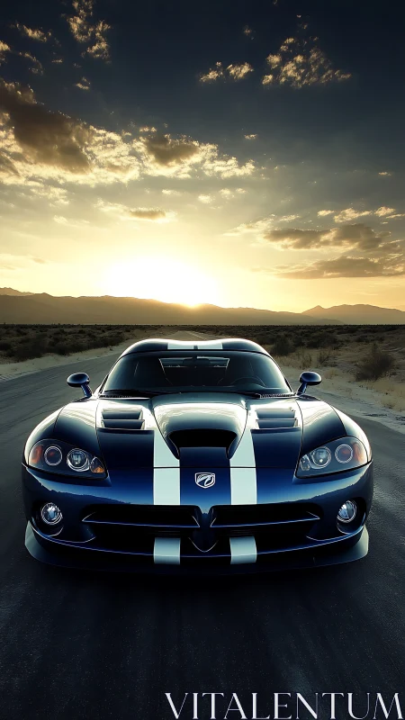 Blue racing coupe stands on desert road at dramatic sunset