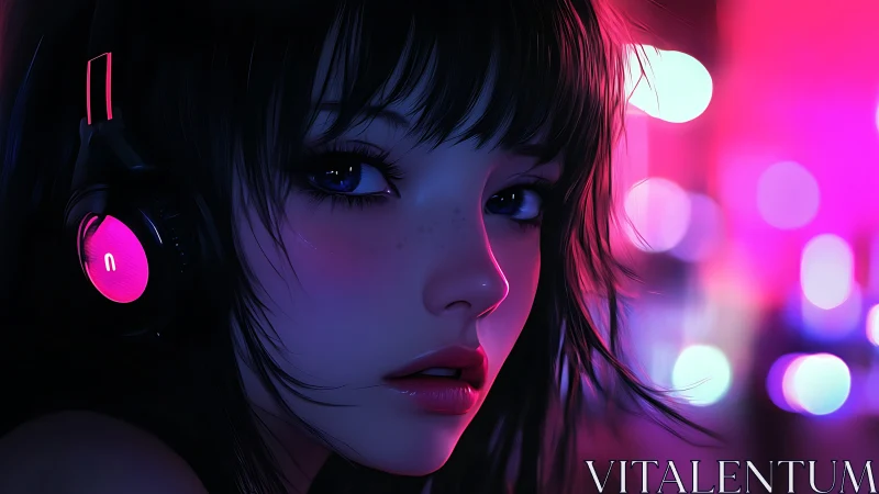 Neon-lit girl in headphones with moody cyberpunk bokeh.