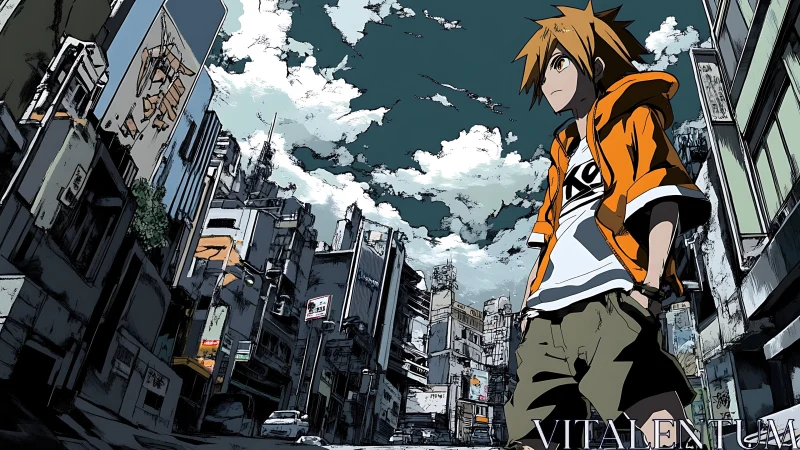 Cel-shaded urban canyon with orange-clad teen under broken clouds