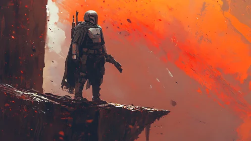 Helmeted wanderer weighs the silence above a molten sky